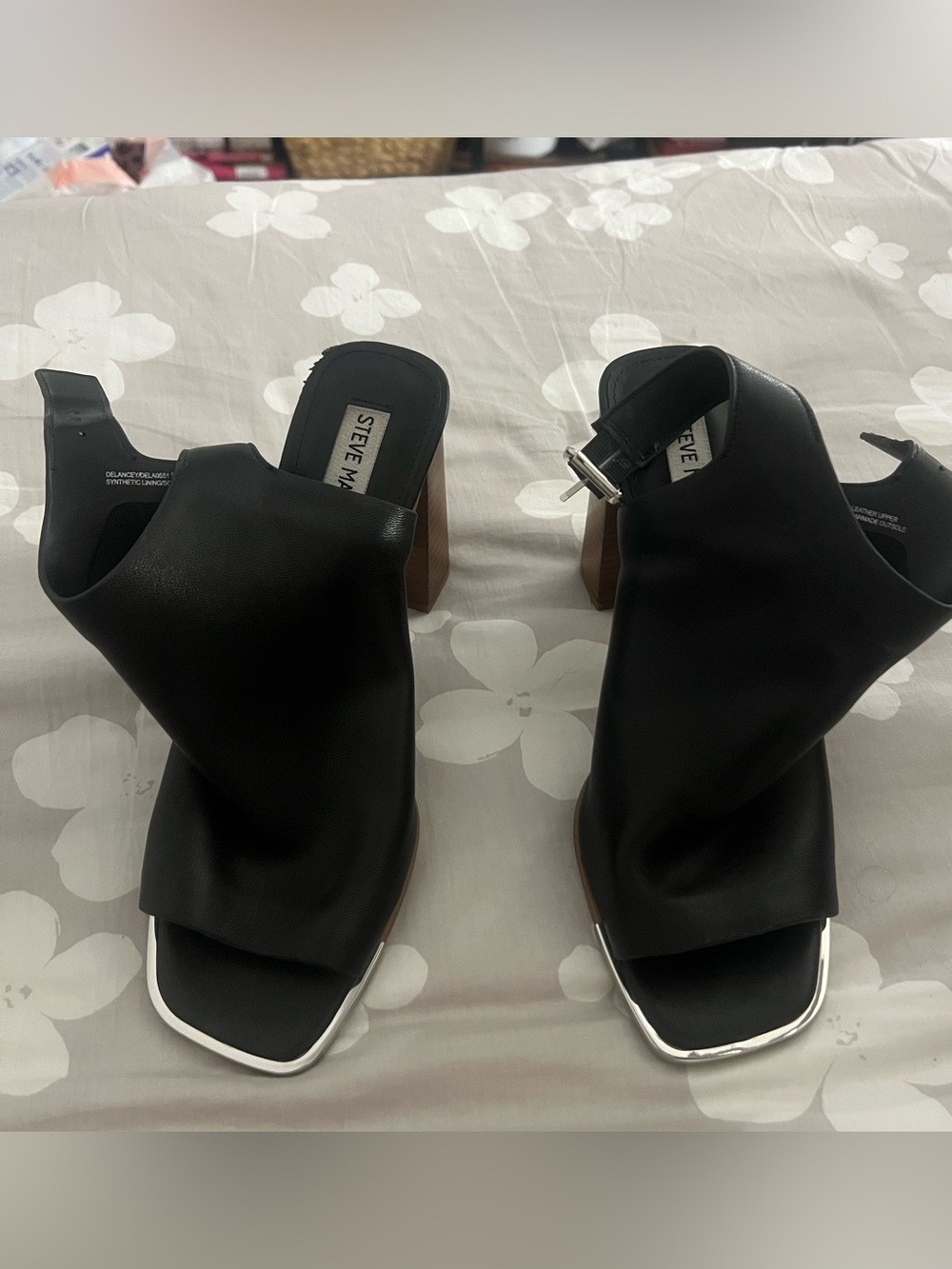 Steve Madden Black Draped Open Square-Toe Block Heel Sandals with Silver Trim